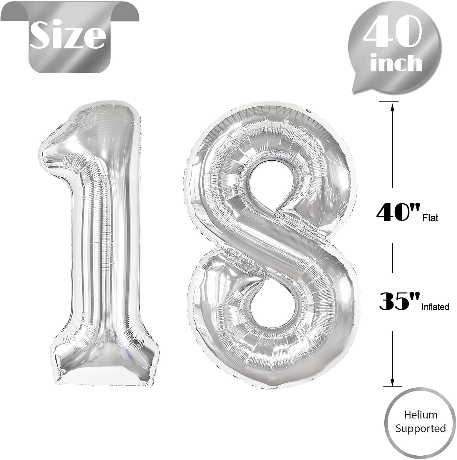 Silver Number 18 Balloon - 40 Inch Metallic 18th Birthday Decoration for Kids & Adults