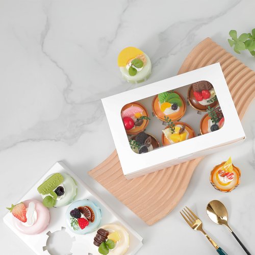 fwipiyo 50 Packs Cupcake Boxes,9.4x6.1x3.14 Inches 6 Count Cupcake Box,White Cupcake Containers with Clear Window and Six Treat Holder,Pastry and Cookie Boxes,Bakery Boxes