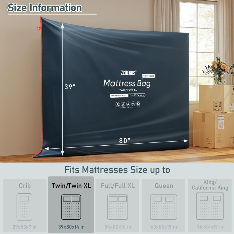 ZCHENBS® - Twin/Twin XL Mattress Bags for Moving, Waterproof Mattress Storage Bag with Zipper, Heavy-Duty 5 Mil Ultra-Thick Bed Protector Cover for Moving, Reusable (Solid/Black, 2 Pack)