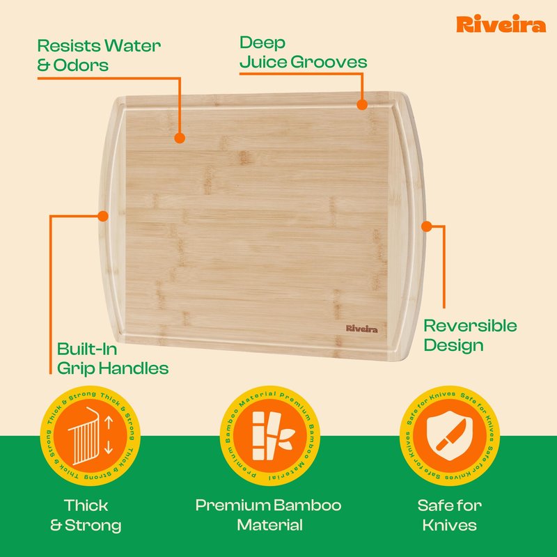 Riveira Two Tone Bamboo Wood Cutting Board – Gourmet Bamboo Grandeur: 20 x 14 Wooden Cutting Board – Wooden Cutting Boards For Kitchen Decorative – Innovative Juice Grooves Wooden Chopping Board