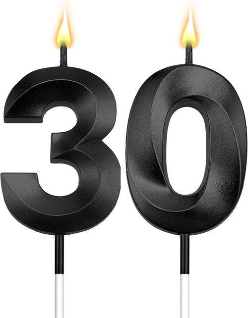 Black Birthday Candles - 30 Pack | Elegant Cake Topper for 30th Birthday Celebrations