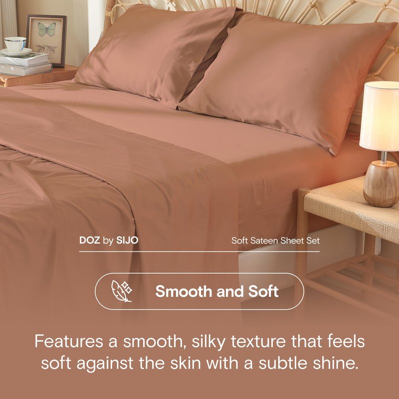 DOZ 100% Long Staple Cotton Sheet Sets, Soft Sateen Weave Cotton, Smooth, Breathable, Cooling Sheets, Hotel Comfort, Durable, 4pc – 2 Pillowcases 1 Fitted 1 Flat (Clay, Queen)