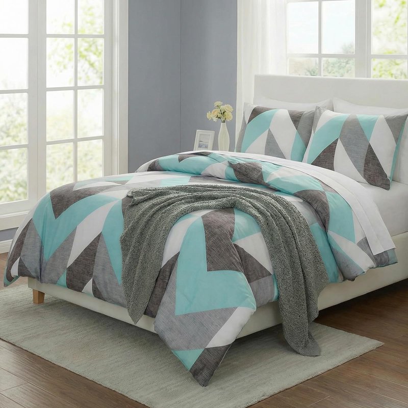 Bedbay Teal Comforter Set King Size Gray and Turquoise Bedding Set Modern Geometric Chevron Duvet Insert 3 Pcs Western Bedding Comforter Set Soft Lightweight Down Alternative Bed Set for All Season