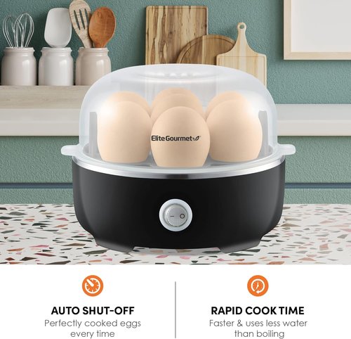 Elite Gourmet Easy Egg Cooker - Electric 7-Egg Capacity with Auto Shut-Off & Measuring Cup | Classic Black