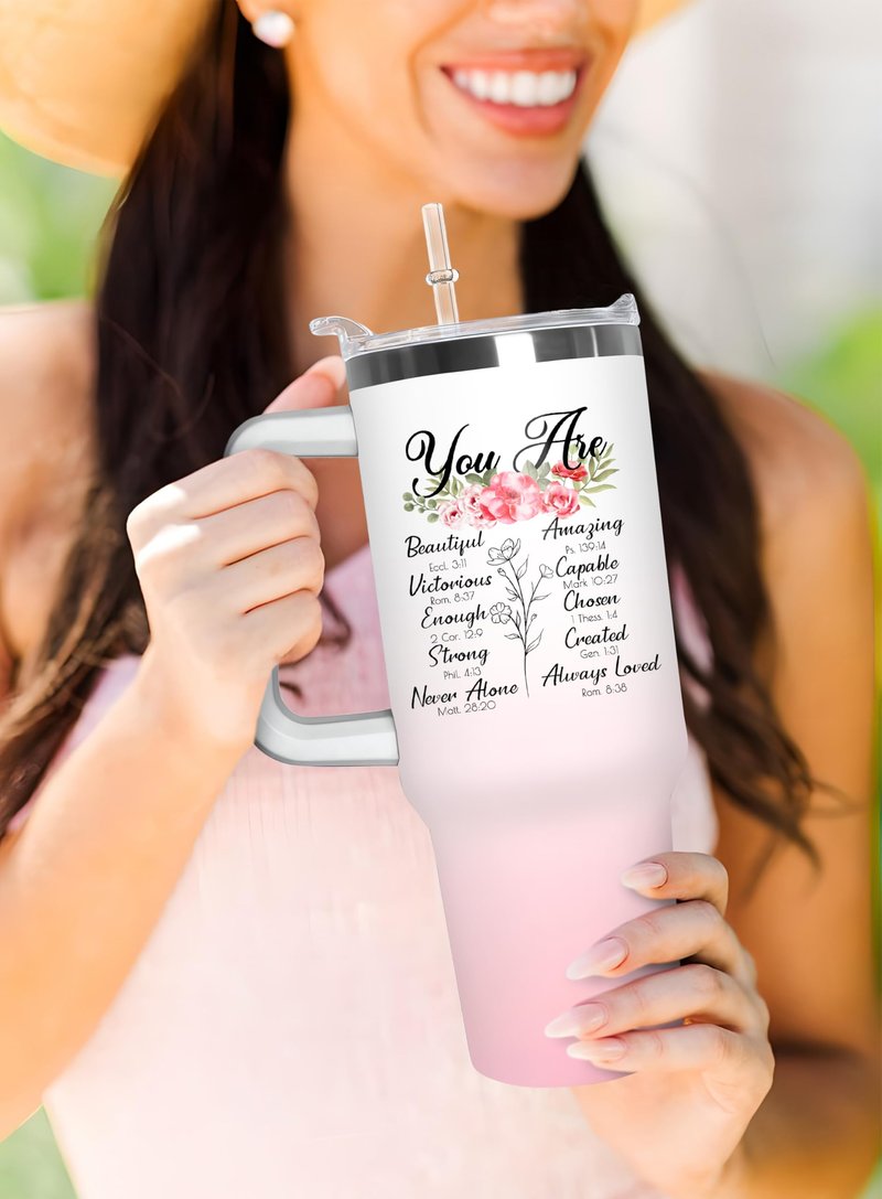 Christian Tumbler with Handle and Straw, 40 oz Vacuum Insulated Water Bottle Stainless Steel, Leak Proof Travel Mug, Inspirational Religious Belief Gifts for Her Women Girl Christmas Mothers Day