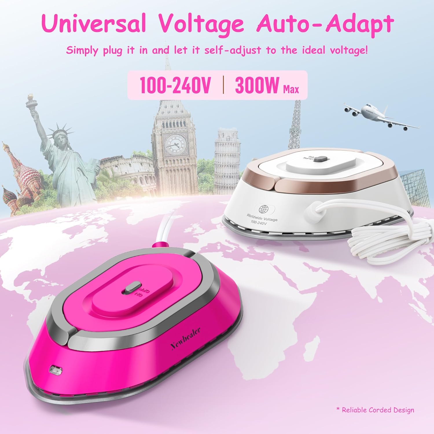 Newbealer Travel Iron - Mini Dry Iron with Global Voltage, 100-240V, 300W, Non-Stick Soleplate, Hot Pink
