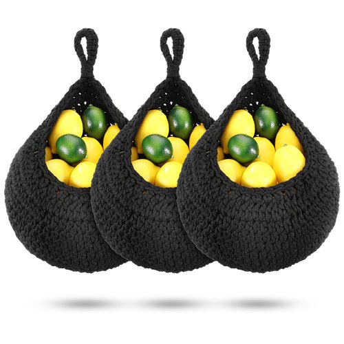 Dandat 3 Pcs Large Hanging Fruit Baskets for Kitchen Teardrop Hanging Wall Baskets Bohemian Handwoven Holder for Kitchen Vegetable Onion Potato Storage Pantry Decoration(Black)