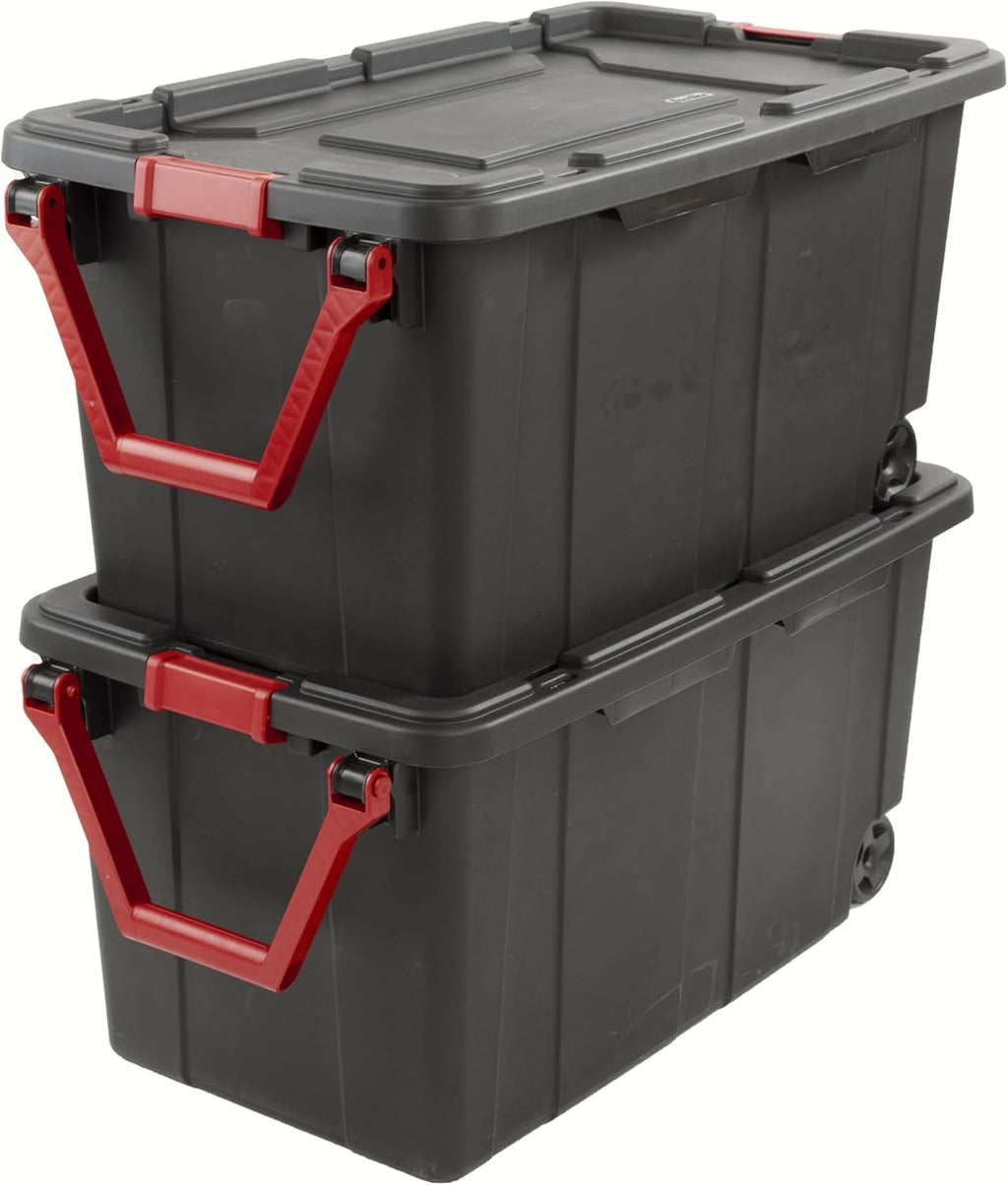 YHNNH Industrial Storage Tote - Heavy Duty 40 Gallon Container with Wheels | Black, Set of 2, 36.75x21.38x18 Inch