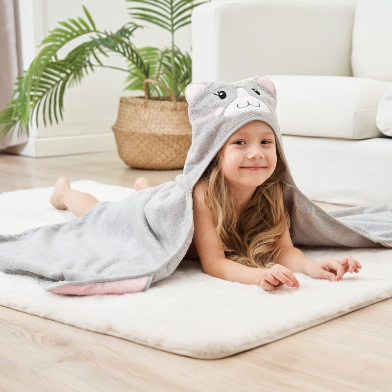 Style Quarters 100% Cotton Kids Hooded Bath Towel with Embroidery - Large 50"x24" Soft Terry Toddler Beach Towel, Cartoon Cat Hooded Towel for Boys & Girls (Grey Cat)