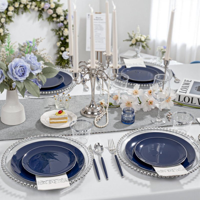 KIRE 175Pcs Blue Plastic Plates with Silver Rim & Disposable Silverware with Blue Handle & Silver-rim Cups & Hand Napkin & Plastic Dinnerware for Parties/Wedding/Graduation/Memorial Day