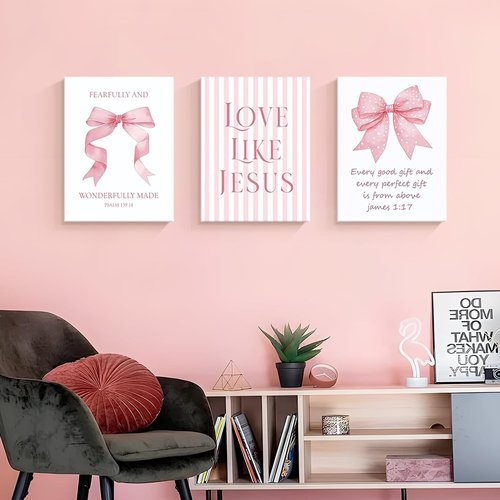 Dytila 3 Piece Pink Bows Wall Art - Cute Bible Verse Decor for Girls' Room | 12x16 Inch Dorm Artwork