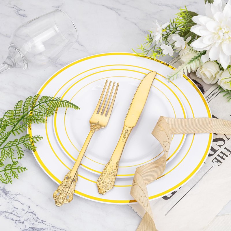 WDF 120PCS Gold Plastic Silverware - Heavy Duty Gold Plastic Cutlery Set Disposable Utensils - 40 Forks, 40 Spoons, 40 Knives, Perfect for Party Weeding Daily Use Baby Showe Spring