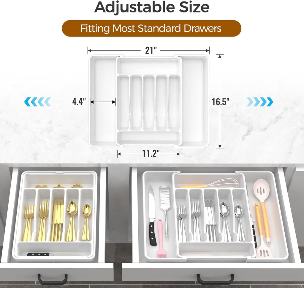 Ukeetap Extra Large Expandable Silverware Organizer - BPA-Free Cutlery Holder for Kitchen Drawers | White