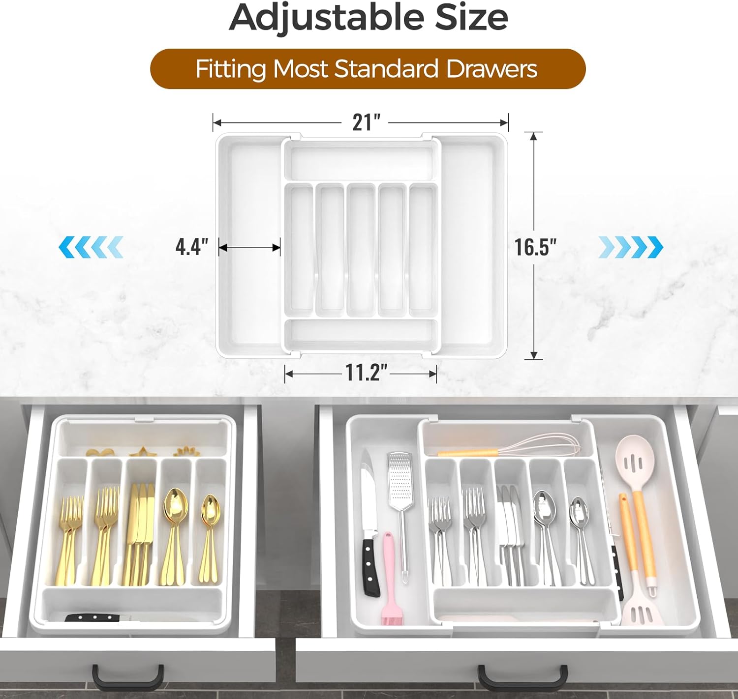 Ukeetap Extra Large Expandable Silverware Organizer - BPA-Free Cutlery Holder for Kitchen Drawers | White