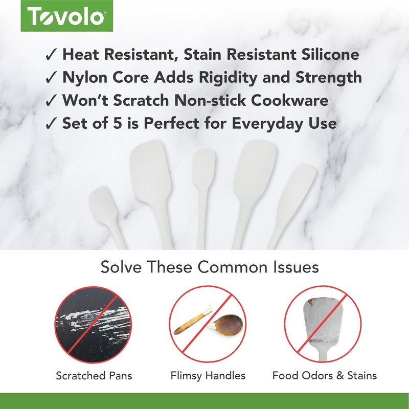 Tovolo Flex Core 5 Piece Silicone Spatula Set Heat Resistant All Silicone Utensils Include Non Stick Spatula Spoonula Jar Scraper, Dishwasher Safe BPA Free Spatulas for Baking Mixing, White