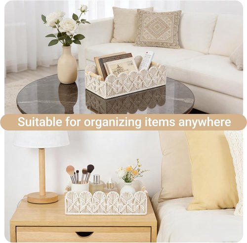 Mkono Macrame Storage Basket - Scalloped Edge Boho Woven Decor | Small Countertop Organizer Set of 2, Ivory