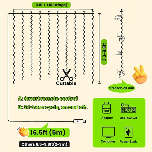 HXWEIYE 300LED Fairy Curtain Lights - 9.8x9.8Ft USB Plug-In with Remote | 8 Modes for Indoor Decor, Green