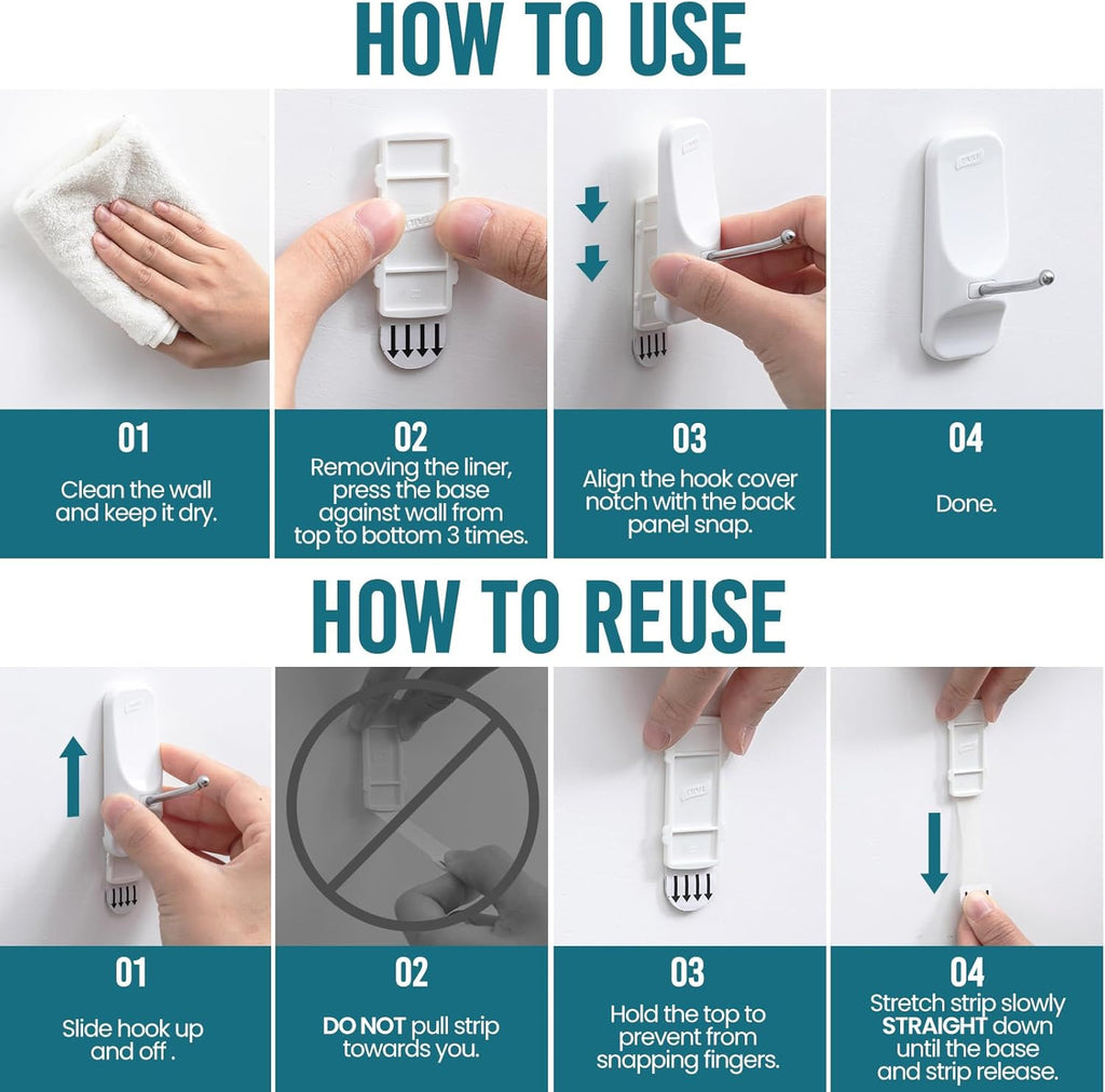 TAILI Heavy-Duty Hooks for Hanging | 6 Wire Sticky Hooks with 8 Adhesive Strips | Removable & Reusable, White