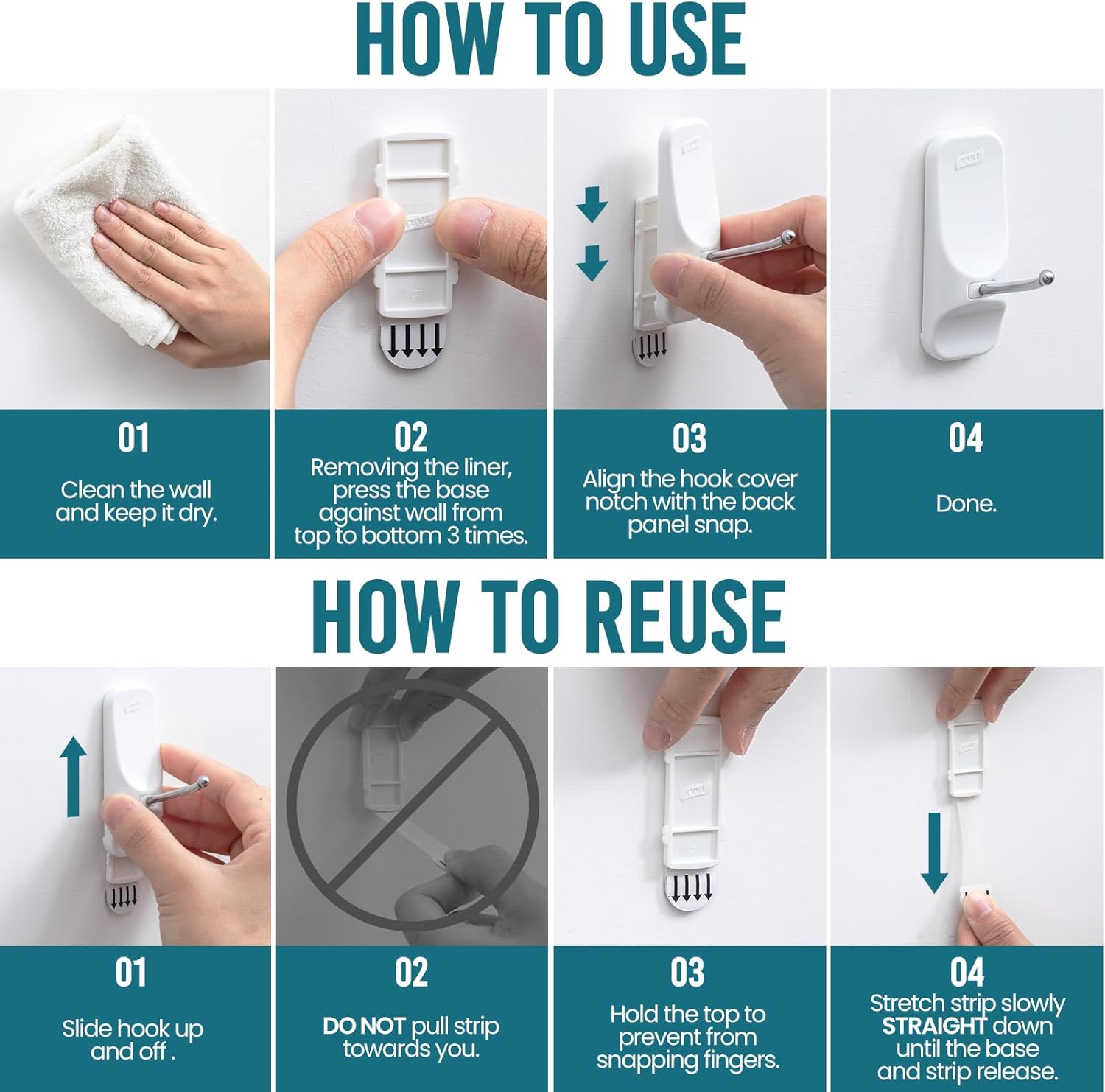 TAILI Heavy-Duty Hooks for Hanging | 6 Wire Sticky Hooks with 8 Adhesive Strips | Removable & Reusable, White