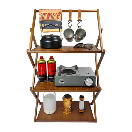 FEIXIDI Foldable Bamboo Shelf, Folding Shoe Rack, Flower Rack, Camping Rack, No Installation Required, Portable, Space Saving, Multi-Purpose Storage Rack (Walnut, 3 Tiers with Boom)