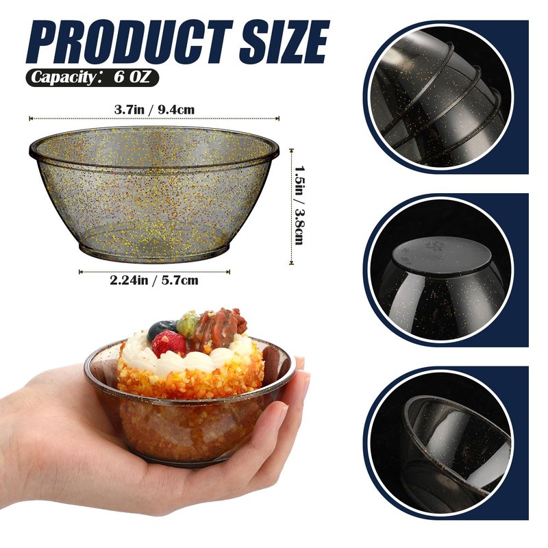 Yungyan 200 Pack Disposable Clear Plastic Bowls for Party Supplies 6oz Hard Plastic Salsa Dessert Ice Cream Candy Fruit Small Glitter Bowl for Wedding Baby Shower Birthday(Black)