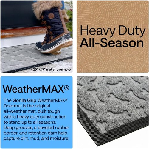 GORILLA GRIP 100% Waterproof All-Season Doormat - Natural Rubber, Stain & Fade Resistant, 47x35, Light Gray Bones