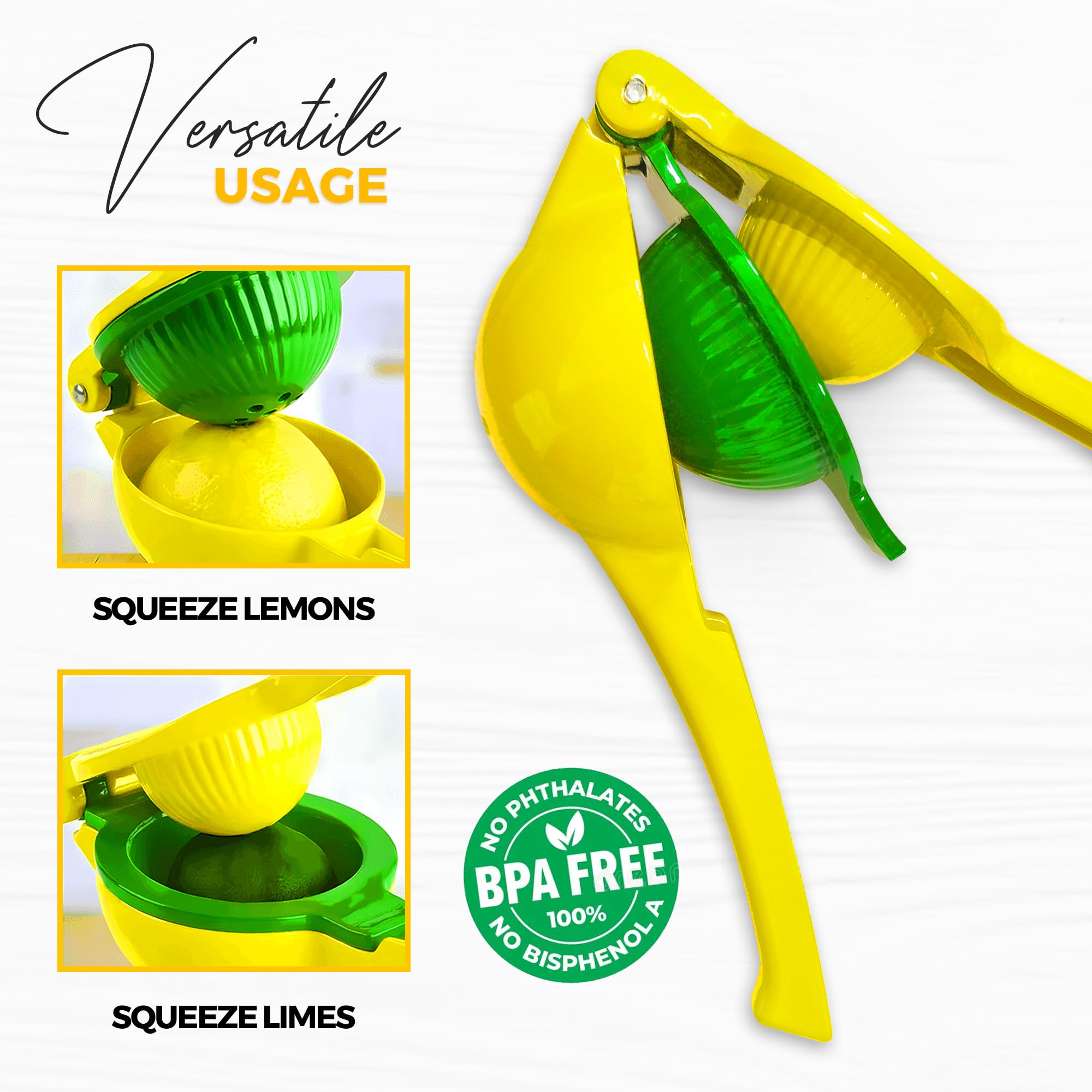 The HomeFlow Co.’s 2-in-1 Lemon & Lime Squeezer, Heavy-Duty Manual Citrus Juicer, High-Extraction Hand Press with Seed Filter, Durable Metal, Dishwasher-Safe, Easy To Use & Clean (Yellow & Green)