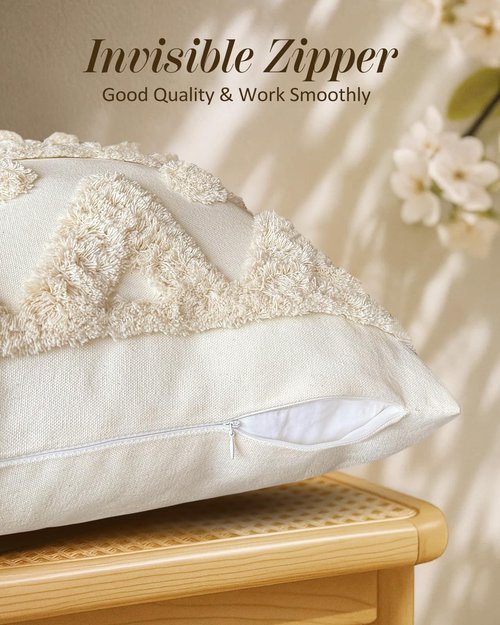 Kokaaee Throw Pillow Covers 18x18 - Tufted Boho Decorative Pillow Cover with Zipper for Couch Sofa Bed Living Room Aesthetic Soft Farmhouse Textured Striped Indoor Pillowcase, Cream Tassel