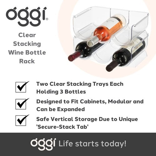 Oggi Bottle Rack for Wine, 6 Bottle Wine Storage - Stackable Wine Rack, Secure Stack Tabs. Water Bottle Storage, Wine Bottle Holder for Kitchen, Cabinet, Fridge - Each Rack Holds 3 Bottles, 2 Pack