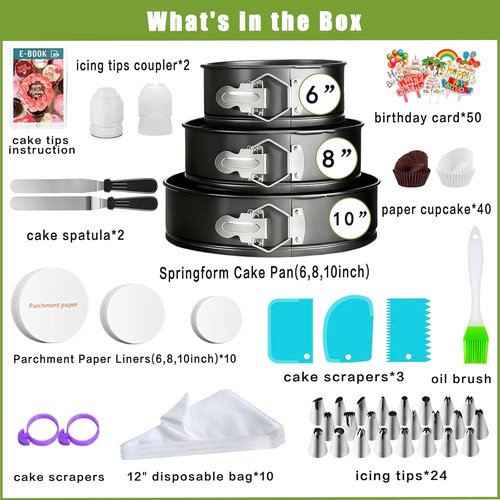 168Pcs Cake Pan Set by [Brand Name] - Non-Stick Springform Pans (6, 8, 10 Inches) & Icing Tips | Multi-Functional Baking Supplies