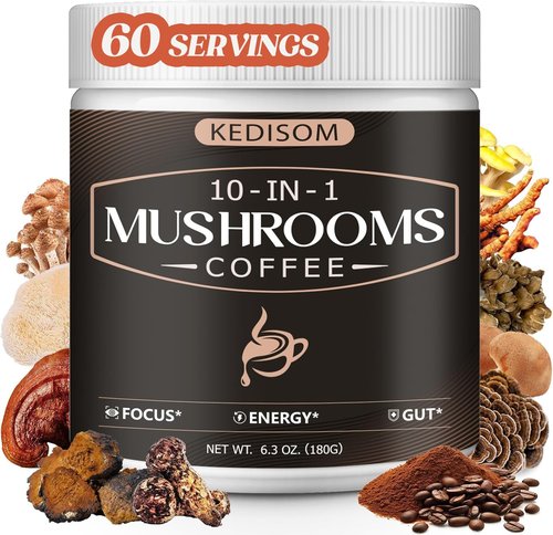 KEDISOM 10 in 1 Mushrooms Coffee, Instant Mushroom Coffee Powder with Lion's Mane, Cordyceps, Reishi, Shiitake, Turkey Tail, King Trumpet, for Focus, Energy, Immunity, 180g, 60 Servings