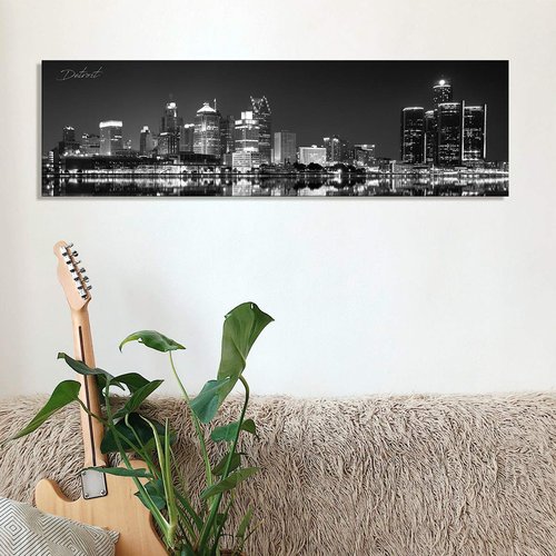 Black and White Detroit Skyline Wall Art for Living Room USA Michigan Cityscape Picture Bedroom Wall Decor Night View Downtown City Building Skyscraper Panoramic Painting Artwork Home Decoration 14x48