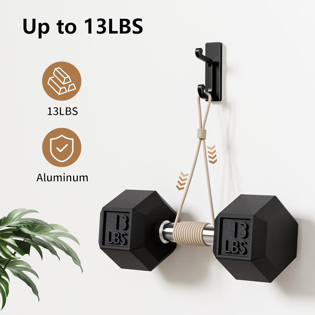 Self Adhesive Wall Hooks - Black Sticky Hangers | Holds 13Lbs for Clothes, Towels & Keys - 4 Pack