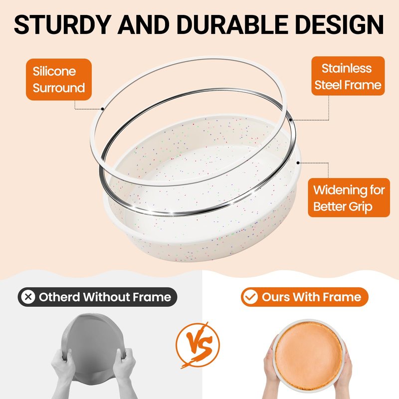 SJ 8 Inch Silicone Round Cake Pan with Metal Reinforced Frame Set of 3, Nonstick Silicone Cake Mold for Baking Suitable for Making Layers, Cheese & Chocolate Cakes