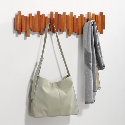 Acsigesn Wooden Coat Rack Wall Mounted Sticks Multi Rack Solid Handmade Natural Cherry Wood Artwork with 7 Flip-Down Unique Modern Hooks for Coats Bag Hat Umbrella