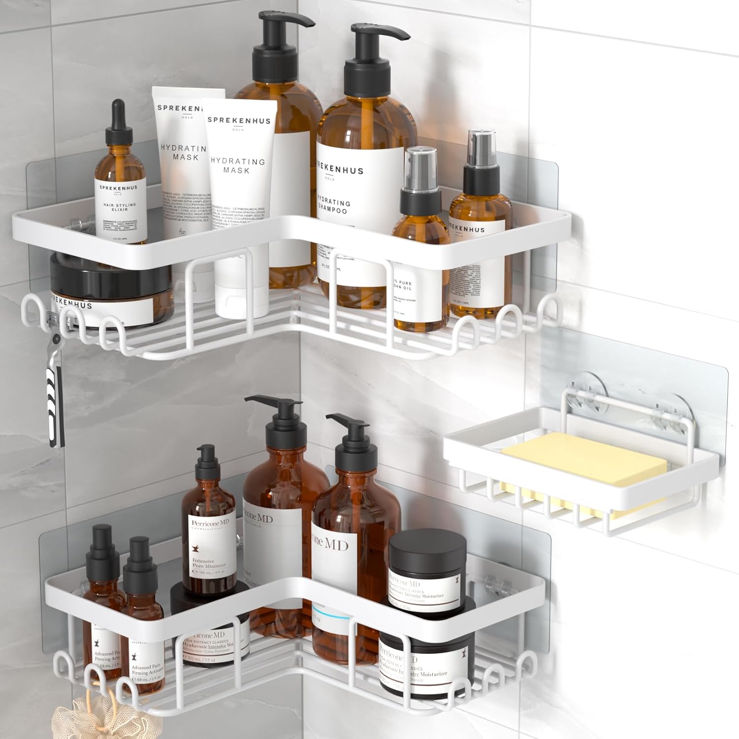 YASONIC Corner Adhesive Shower Caddy - Rustproof Stainless Steel Bathroom Organizer | 3-Pack with Soap Holder & 12 Hooks