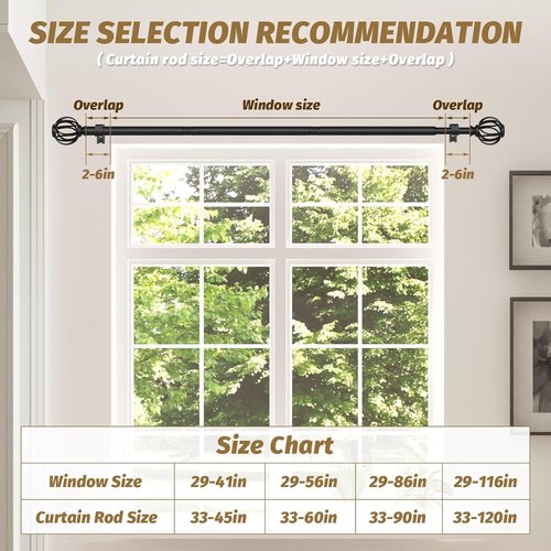 GXOACKJ Adjustable Curtain Rods - Black 5/8 Inch Drapery Rods for Windows 33 to 60 Inches | Stylish Twisted Cage Finials