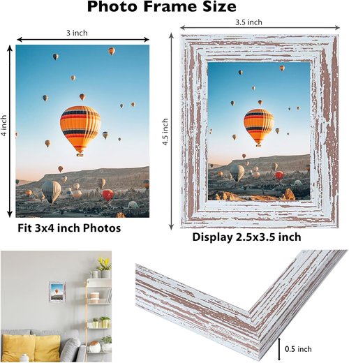 JCJMY Rustic White 3x4 Picture Frame - Versatile Wall or Tabletop Display with Shatter-Resistant Plexiglass