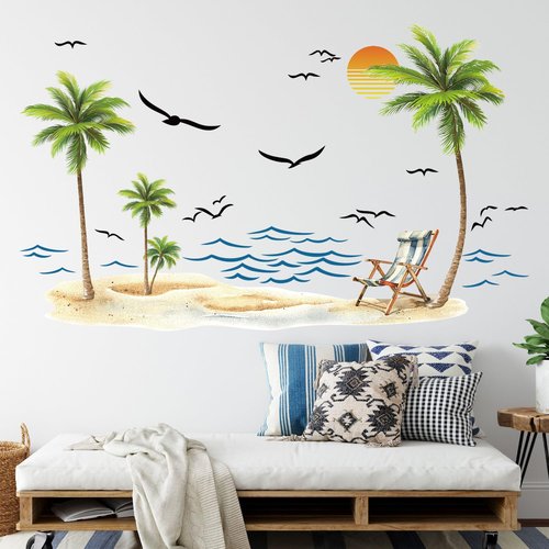 Palm Tree Wall Decals Watercolor Tropical Sea Waves Seagull Wall Stickers Peel and Stick Sunshine Beach Lounge Chairs Wall Decal Sticker Decal Bedroom Nursery Bathroom Kids Room Holiday Supply Decor