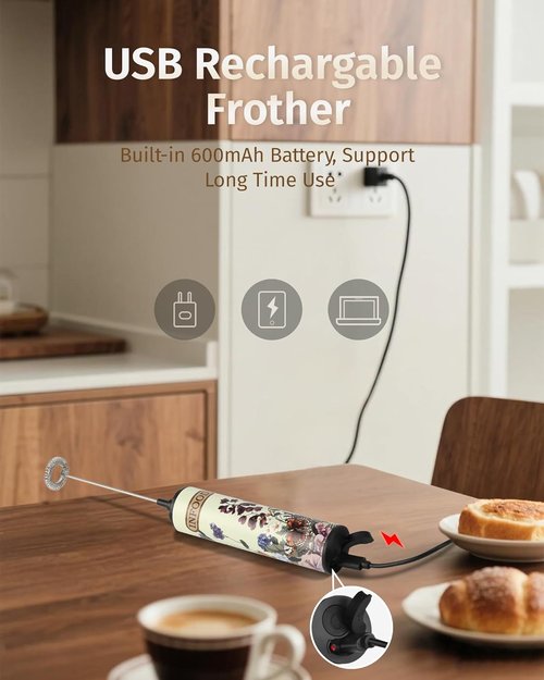 INFOOD Milk Frother - Rechargeable Handheld Coffee Mixer with 2 Detachable Whisks | Vintage Floral Design
