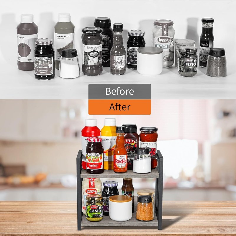 Giikin Countertop Shelf Organizer, 2 Tier Kitchen Spice Rack for Countertop, Wood Coffee Counter Shelf for Home, Particle Board and Metal, Grey, Small
