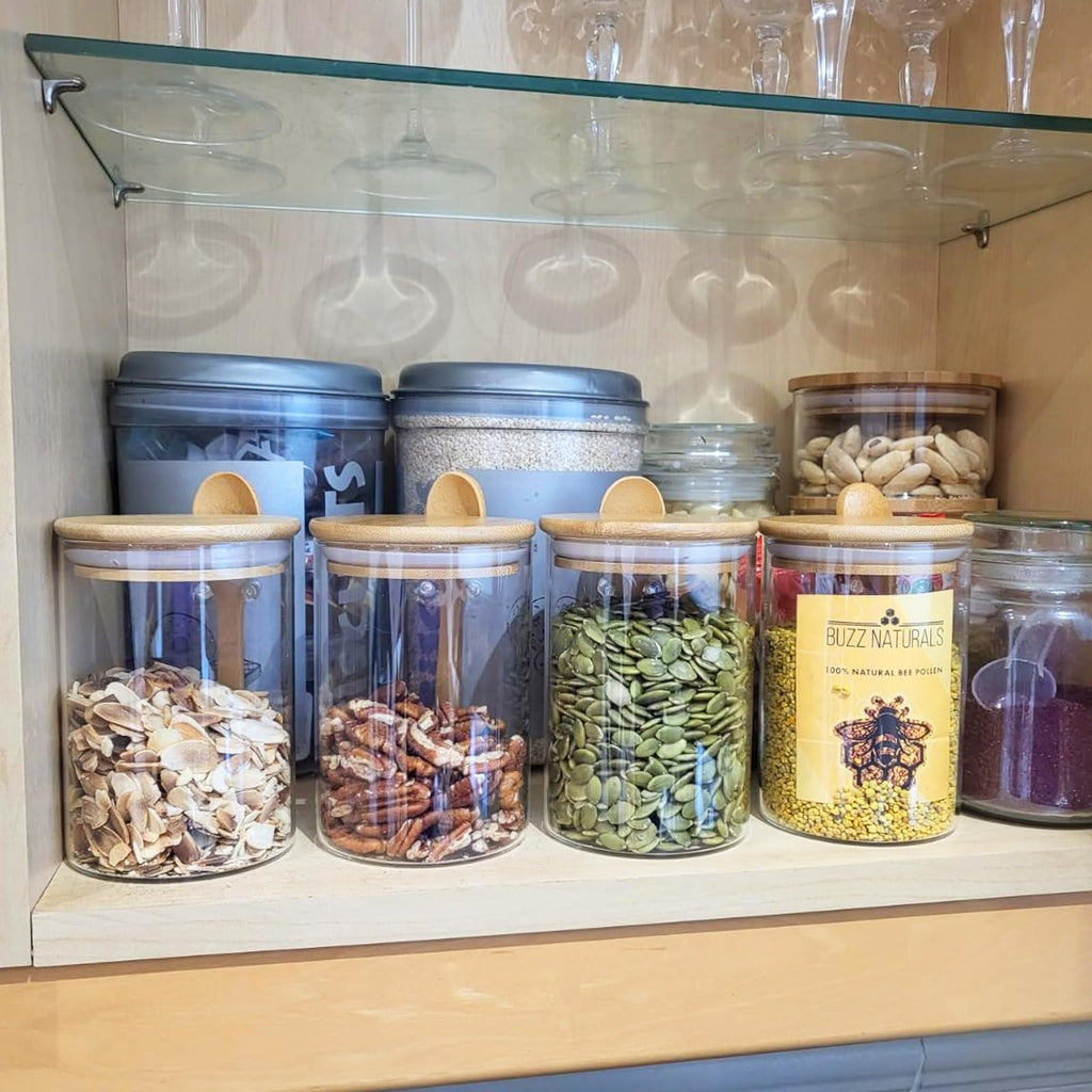 Set of 3 Airtight Glass Jars with Bamboo Lids and Spoons - 20oz Decorative and Durable Borosilicate Glass Canisters Perfect for Storing Coffee Beans,Tea,Flour,Sugar,Nuts,Candy,Bath Salts and More