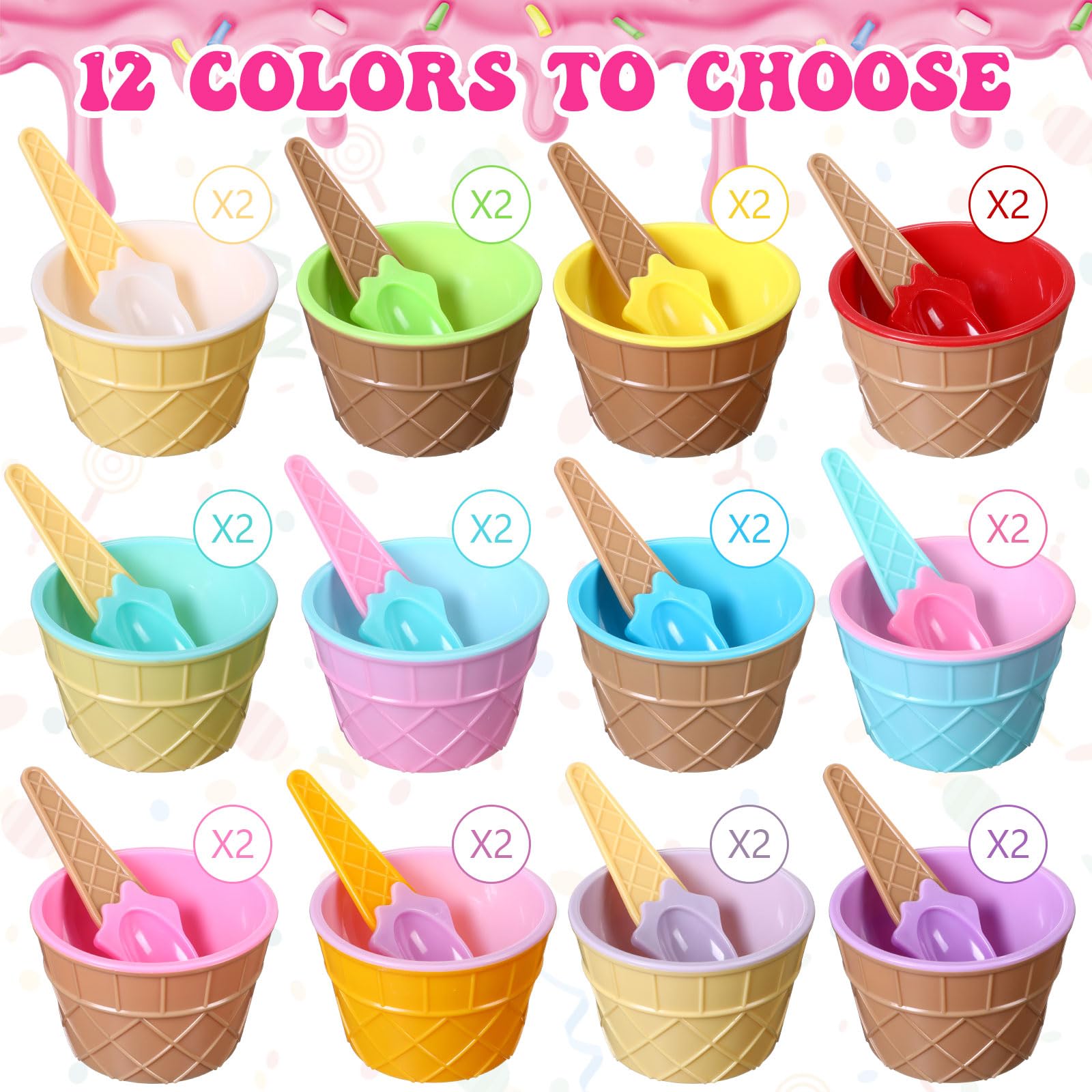 Sieral 24 Sets End of Year Gift Including 24 Pcs Ice Cream Bowls and Spoons 24 Pcs Cards with Plastic Bags and 1 Roll Ribbon for Prizes Summer Birthday Ice Cream Party