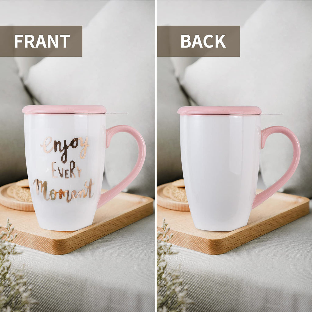 Jemirry Tea Mug Tea Cup, Ceramic Cup with Lid - Pink