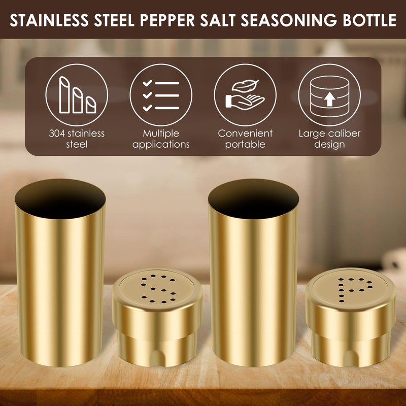 Stainless Steel Spice Shaker Jars 2Pcs Salt and Pepper Shakers Set Practical Salt Pepper Shaker for Home Barbecue Cooking (Gold)