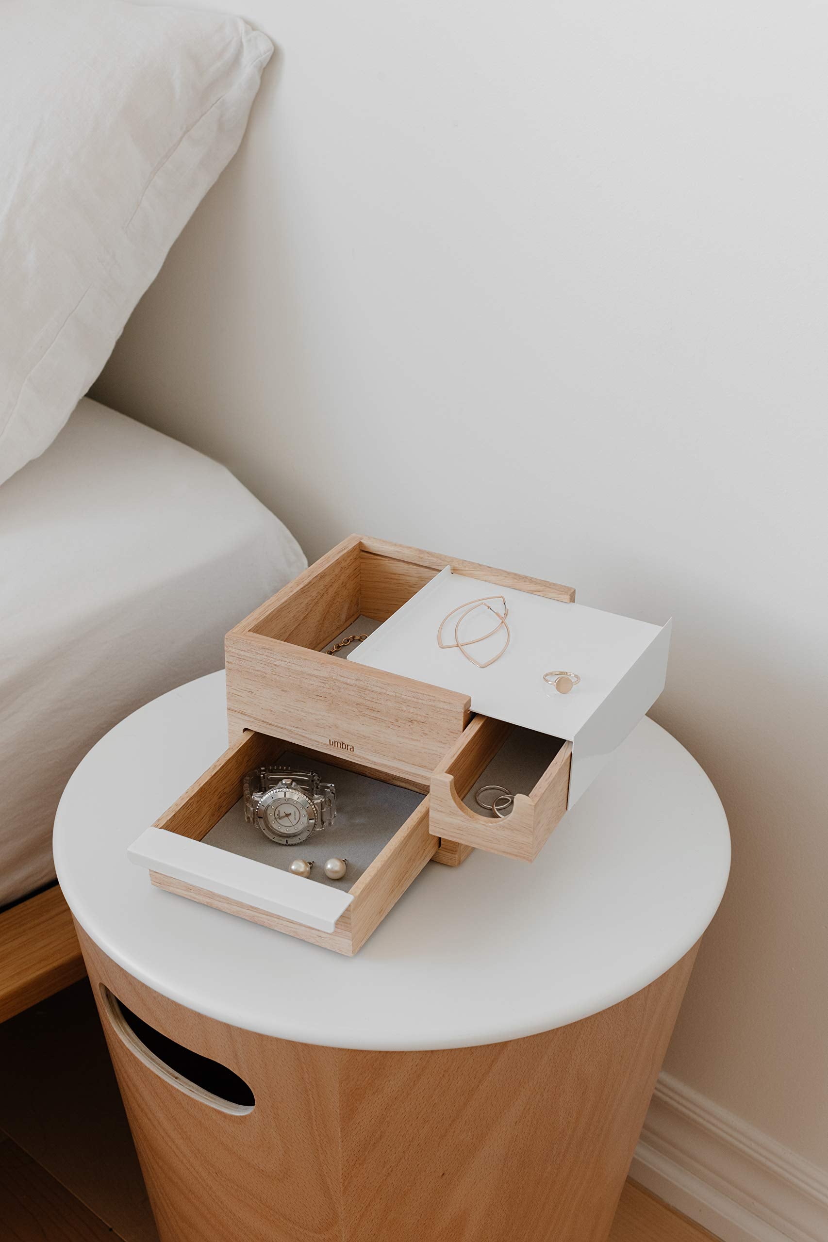Umbra Mini Stowit Jewelry Box - Modern Keepsake Storage Organizer with Hidden Compartment Drawers for Ring, Bracelet, Watch, Necklace, Earrings, and Accessories (White/Natural)