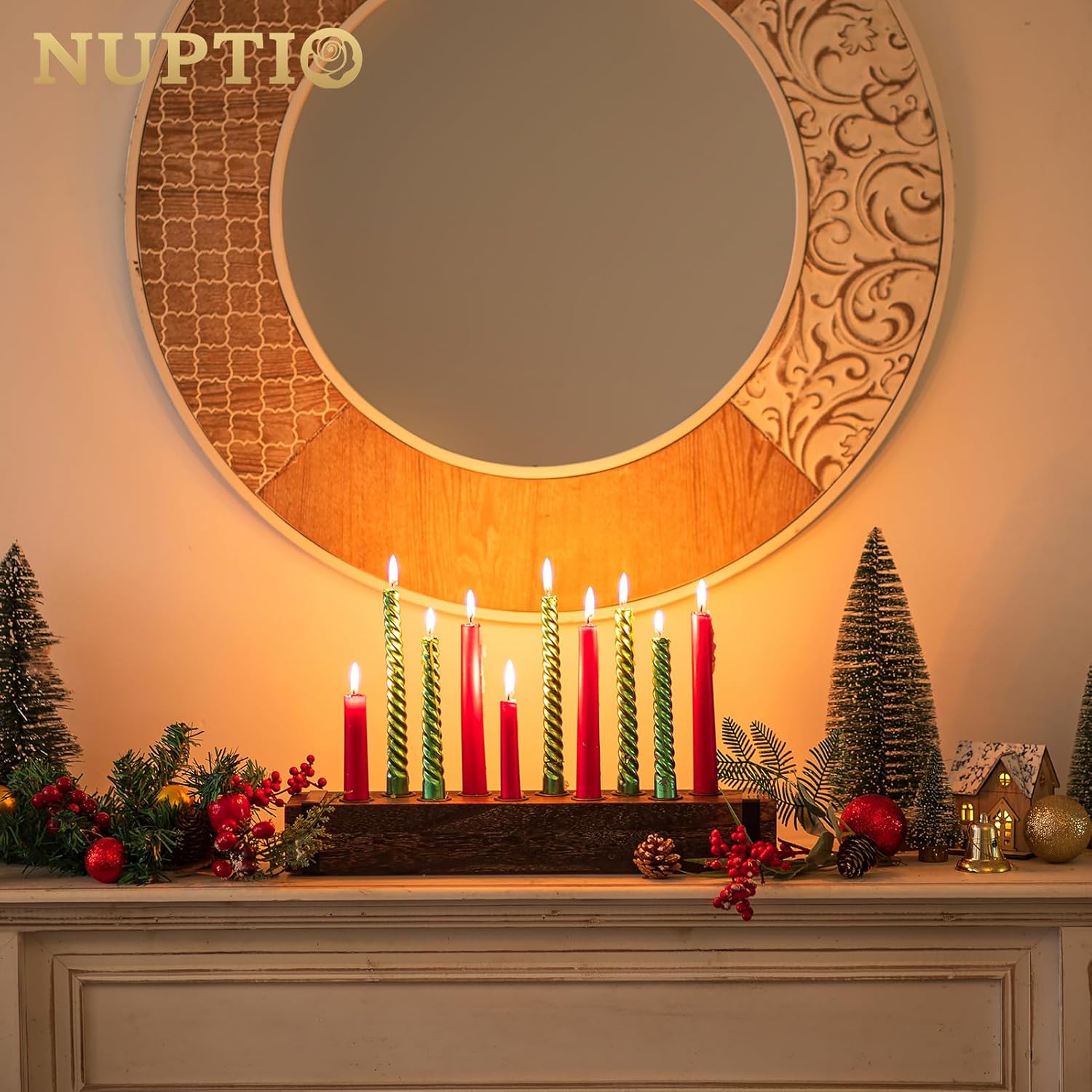 NUPTIO Wood Candelabra - 16.5-Inch Taper Candle Holder for Farmhouse Table Centerpiece | Christmas Decor