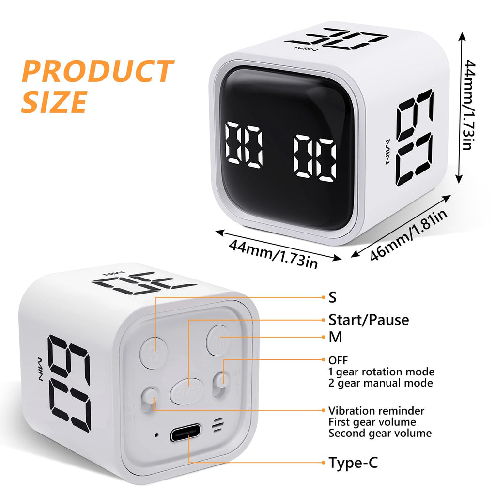 GuDoQi Multi-Function Cube Timer, 5/10/30/60 Min & Custom Count Down, Included Pause & Resume Feature, Silent, Vibrate & Adjustable Sound Alarm for Productivity in Tasks, Study & Kitchen, White