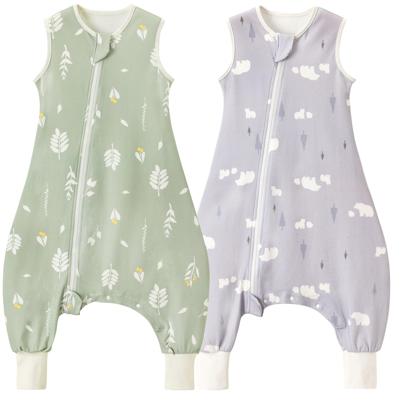Nivolltha 2 Pack Super Soft 0.5 TOG Sleep Sack with Legs, 100% Organic Cotton Side Open Toddler Sleep Sack with Feet, Foliage & Bear, Size L