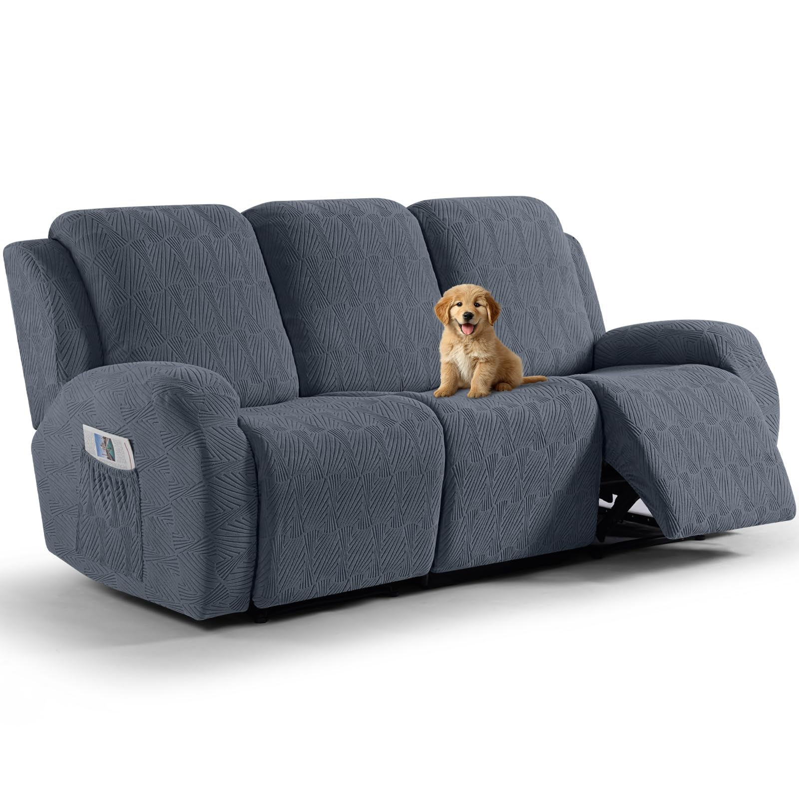 VANSOFY Recliner Couch Cover, 8-Pieces Stretch Recliner Sofa Cover Soft Jacquard Reclining Slipcover Furniture Protector with Elastic Bottom for Kid, Pets(3 Seat,Gray)